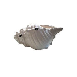 White Ceramic Conch Shell Planter / Vase With Distressed Black Details